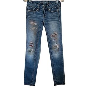 AEO Distressed Patched Colorful Factory Stitching Skinny Jeans